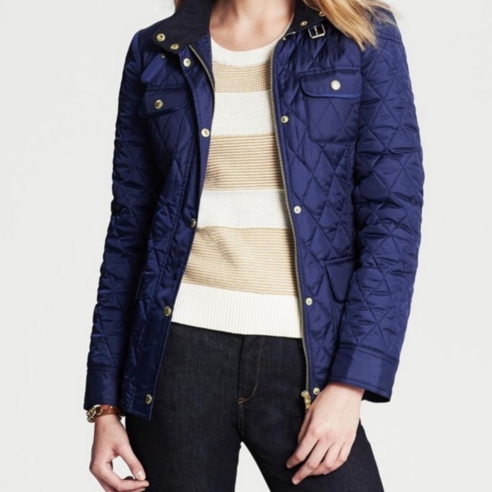 Banana Republic Petite XS Quilted Navy Blue Jacket Belted Silver Hardware